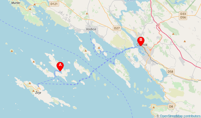Map of ferry route between Kaprije and Sibenik